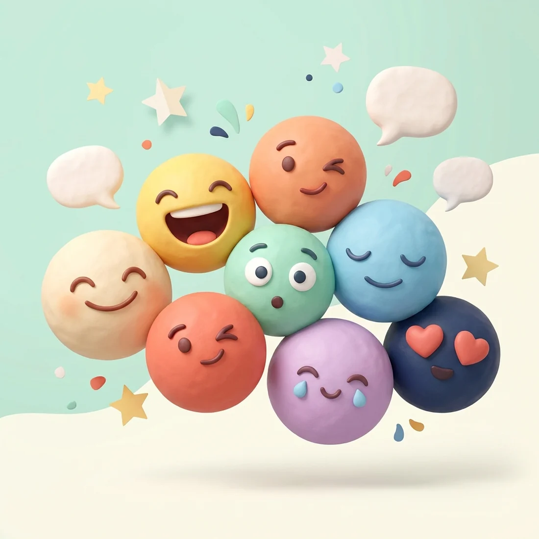 A colorful group of original friendly smiley characters expressing different emotions